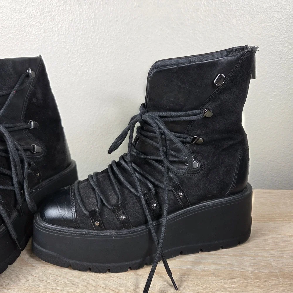 Free People Simone Wedge Boots Black Leather Suede Lace Up Women's EU 38